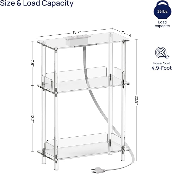 HMYHUM Acrylic Narrow Side Table with Charging Station, 7'' Width, 3-Tier Skinny End Table for Small Spaces, Clear Nightstand/Bedside Table with USB Ports Outlet, 15.7" L x 22.9" H