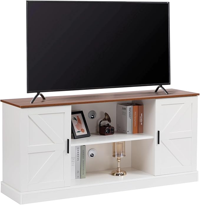HollyHOME Farmhouse TV Stand for Televisions up to 65”, Wood Entertainment Center with Storage Cabinets and Adjustable Shelves, Media TV Console Table for Living Room and Bedroom, White