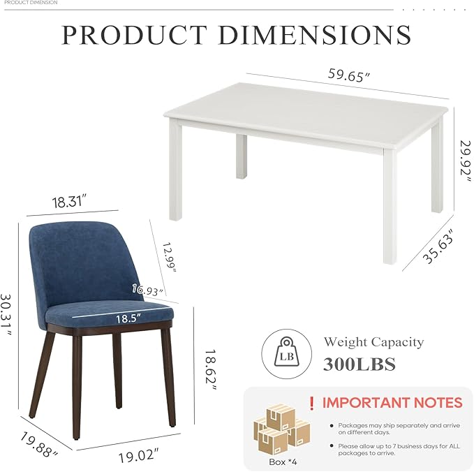 COLAMY 60 Inch Rectangular Kitchen Dining Table for 6, Modern Farmhouse Dining Table Set for 6, Wood Dining Table and Upholstered Dining Chairs for Kitchen, Dining Room, Restaurant, White/Blue
