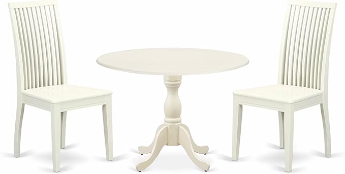 East West Furniture DMIP3-LWH-W 3 Piece Kitchen Table & Chairs Set Contains a Round Dining Table with Dropleaf and 2 Dining Room Chairs, 42x42 Inch, Linen White