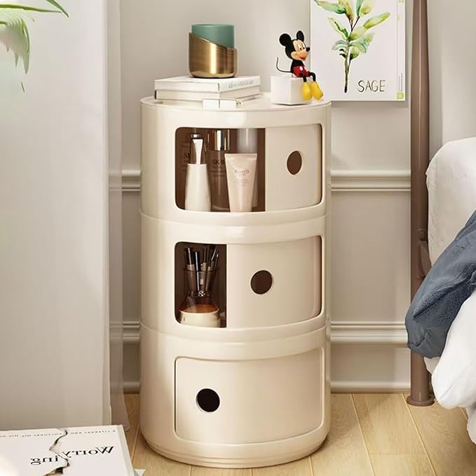 3 Tier Round Nightstand with Drawer, White Round Side Table Small Plastic Storage End Table Suitable for Bedroom, Living Room, Bathroom (White)