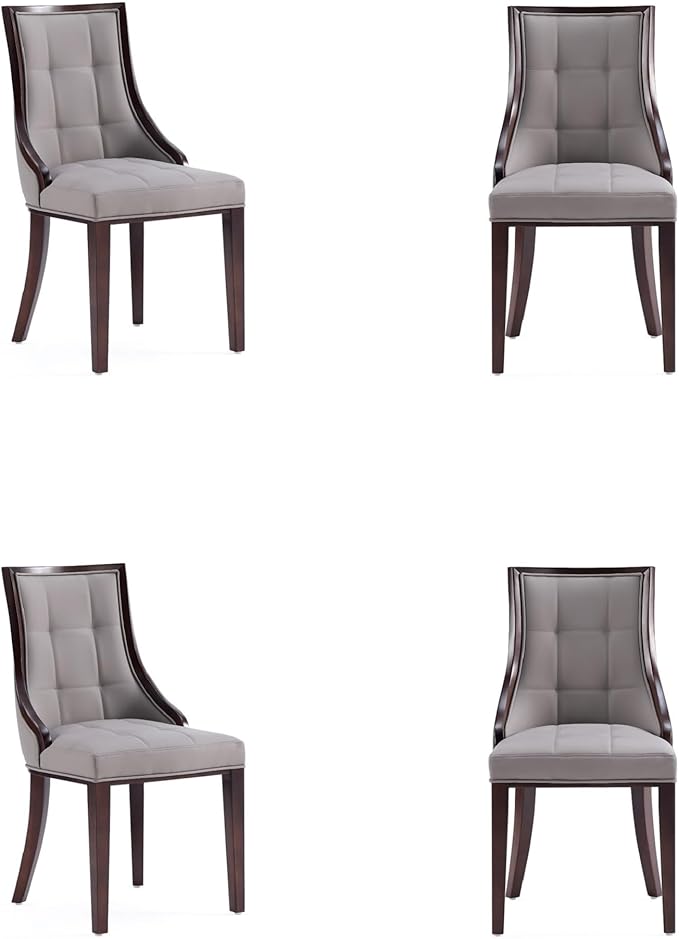 Manhattan Comfort Fifth Avenue Faux Leather Dining Chairs, Parsons Accent Furniture with Padded Wingback Seat, Fine Rectangular Stitching and Solid Beech Wood Frame, Set of 4, Grey