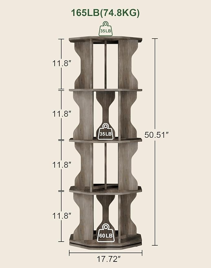 4 Tier Rotating Bookshelf, Spinning Bookshelf Tower Lazy Susan, Corner Revolving Storage Rack for Bedroom, Study Room, Kids Room, Living Room, Office, Gray