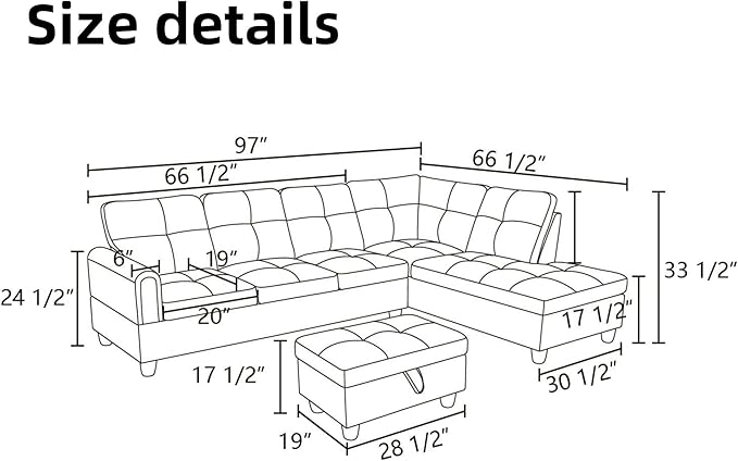 L Shaped Sectional Couches for Living Room, Modern Modular Sectional Sofa with Ottoman Storage, Comfy L Shaped Couch with Chaise for Bedroom Apartment Furniture, Brown