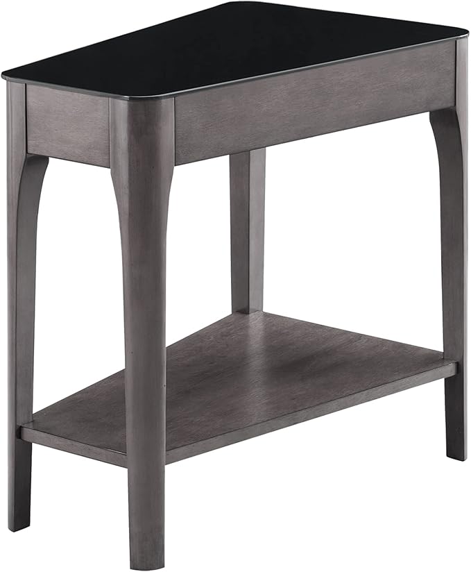 Leick Home Obsidian End Table, Solid Wood, Narrow Wedge Shape, Glass Tabletop, Bottom Display Shelf, Easy Assemlby, Smoke Gray/Black, 24.0 in. L x 17.0 in. W x 24.0 in. H, 11102-GR