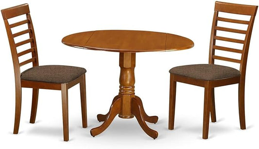 East West Furniture DLML3-SBR-C 3 Piece Dining Set Contains a Round Dining Room Table with Dropleaf and 2 Linen Fabric Upholstered Kitchen Chairs, 42x42 Inch, Saddle Brown