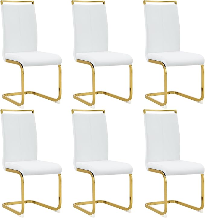 Modern Dining Chairs Set of 6,High Back White Kitchen Chairs,Faux Leather Side Chair with Gold Plated Metal Legs,Easy to Clean Upholstered Dining Chairs,Ideal for Living Room(Gold Leg)