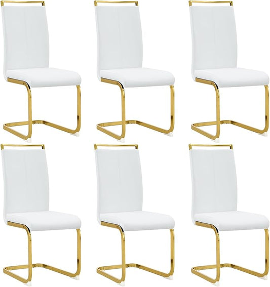 Modern Dining Chairs Set of 6,High Back White Kitchen Chairs,Faux Leather Side Chair with Gold Plated Metal Legs,Easy to Clean Upholstered Dining Chairs,Ideal for Living Room(Gold Leg)