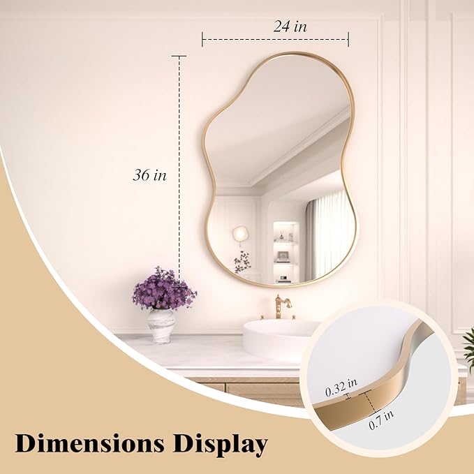 WEER Irregular Wall Mirror, 24x36 inch Gold Asymmetrical Mirror Wall Mounted Mirrors Decorative, Abstract Wavy Aluminum Alloy Frame Mirror for Bathroom, Bedroom, Living Room, Entryway
