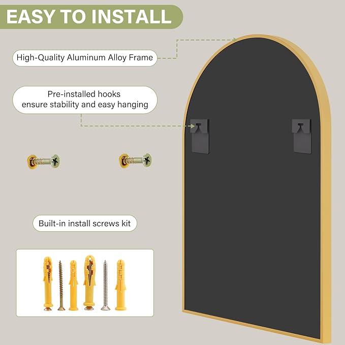 24"x36" Gold Arched Bathroom Mirror - Wall Mirror for Bathroom, Metal Frame Vanity Mirror, Dresser Mirror, Arch Decorative Mirrors for Living Room, Bedroom, Entryway, Mantle