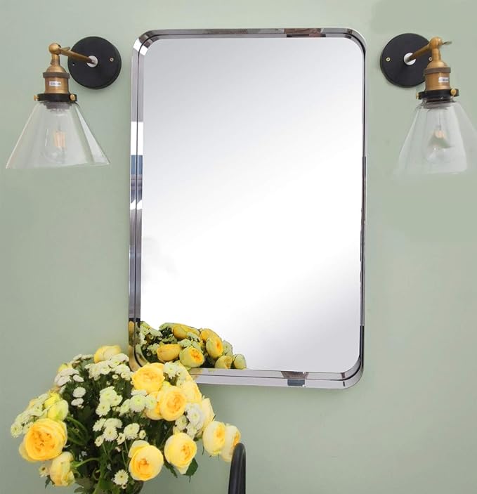 TEHOME 20x30 inch Chrome Metal Framed Bathroom Mirror for Wall in Stainless Steel Chrome Rounded Rectangular Bathroom Vanity Mirrors Wall Mounted…