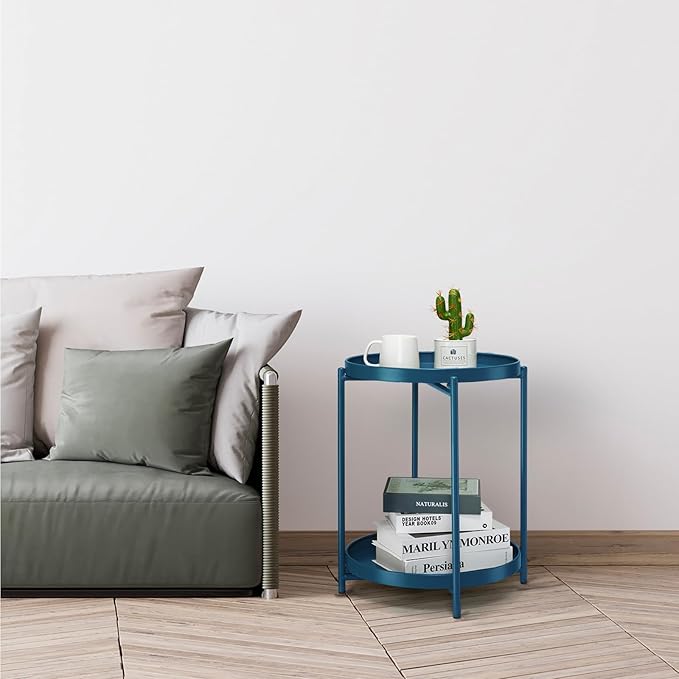danpinera 2-Tier End Table, Outdoor Side Table Metal Round Side Table with Removable Tray, Small Accent Table, Anti-Rust Nightstand for Bedroom Balcony Patio Living Room (Navy Blue)