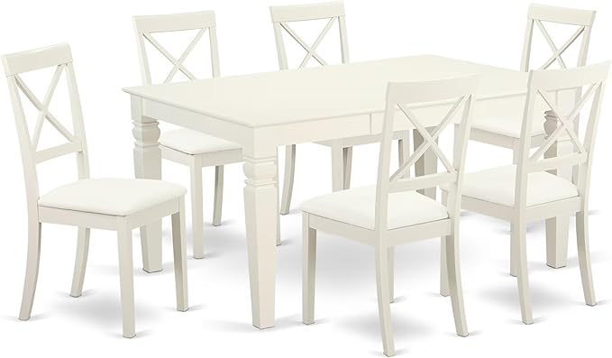 East West Furniture LGBO7-LWH-LC 7 Piece Dining Set Consist of a Rectangle Dining Room Table with Butterfly Leaf and 6 Faux Leather Upholstered Chairs, 42x84 Inch, Linen White