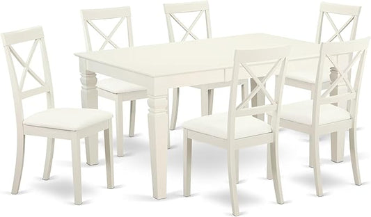 East West Furniture LGBO7-LWH-LC 7 Piece Dining Set Consist of a Rectangle Dining Room Table with Butterfly Leaf and 6 Faux Leather Upholstered Chairs, 42x84 Inch, Linen White