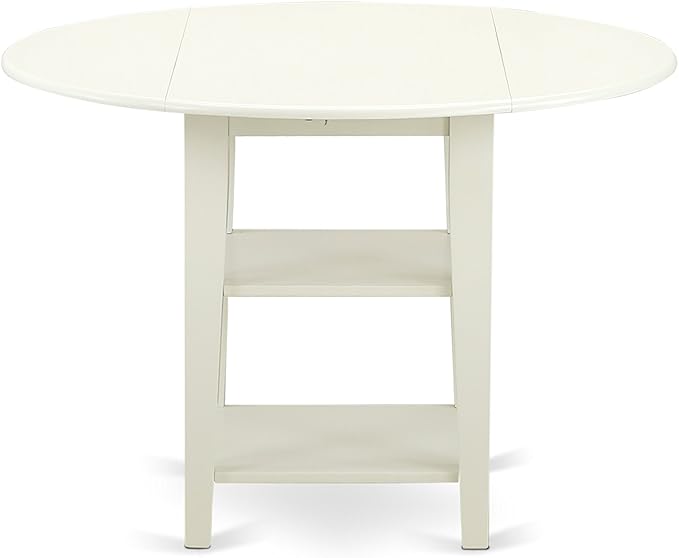East West Furniture SUAV5-LWH-W 5 Piece Dining Table Set for 4 Includes a Round Kitchen Table with Dropleaf & Shelves and 4 Kitchen Dining Chairs, 42x42 Inch, Linen White