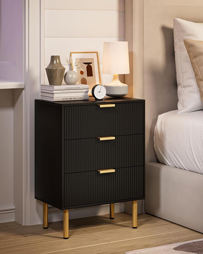 Night Stand,Tall Bedside Table with 3Storage Drawers,White Nightstand,Bedside Furniture,Side Table with Gold Frame,End Table for Bedroom,Living Room (Modern-3drawers, Black.)