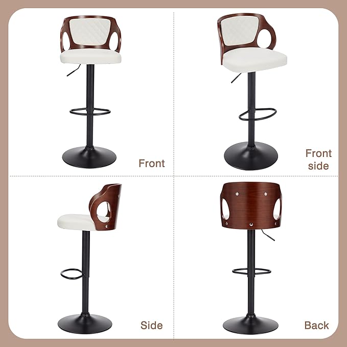 VECELO BarStools Set of 2,Counter Height Stools with Bentwood Back&Arm, Swivel Barstools,PU Leather Kitchen Island Stools, Adjustable Height Bar Chairs for Club Pub Dining Room,Pearl White