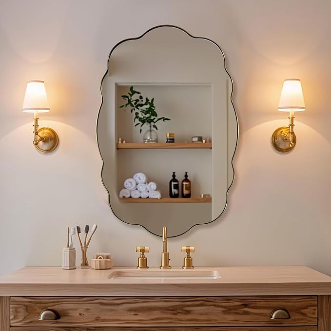 ANDY STAR Oval Bathroom Mirror, 24x36 Inch Scalloped Wall Mirror, Modern Brushed Gold Wavy Mirror, Anti-Rust Brass Metal Mirror for Bathroom Hang Vertical or Horizontal