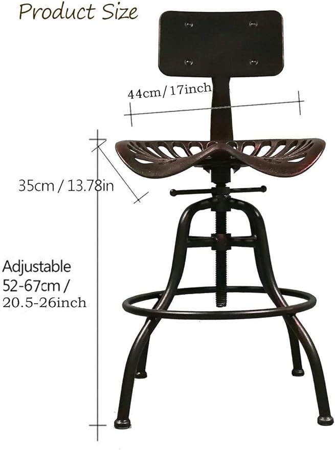 Diwhy Industrial Design Metal Adjustable Height Backrest Chair Vintage Tractor Saddle Bar Stool (Copper)