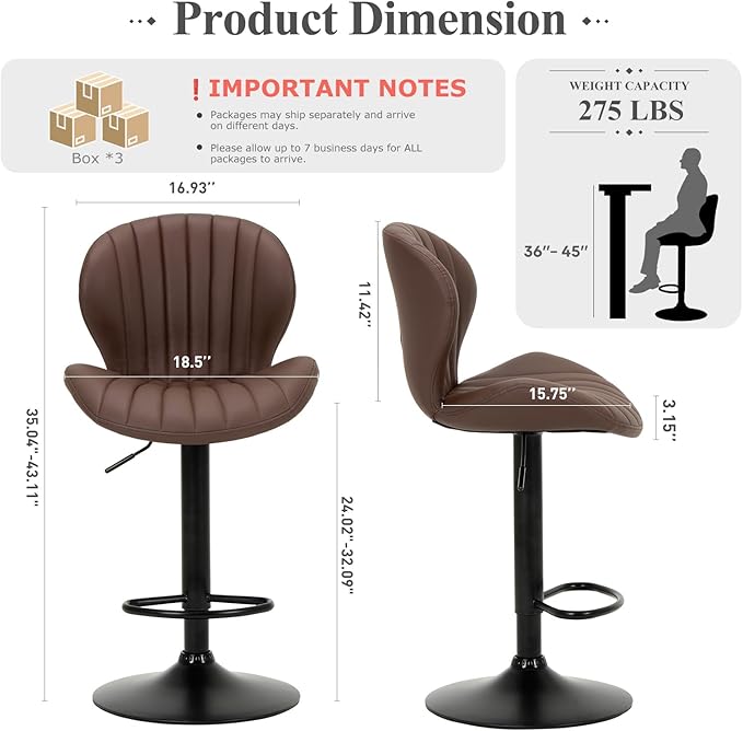 COLAMY Bar Stools Set of 6, Modern Swivel Bar Chairs, Adjustable Faux Leather Upholstered Barstools Counter Height with High Backrest for Bar, Kitchen Island, Dining Room, Brown