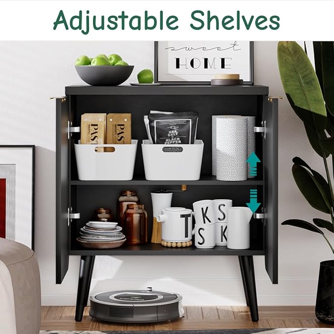 23.6" Sideboard Cabinet with 2 Doors, Modern Buffet Cabinet with Adjustable Shelf, Dining Room Sideboard, Fluted Buffet Sideboard for Living Room, Hallway, Entryway, Black