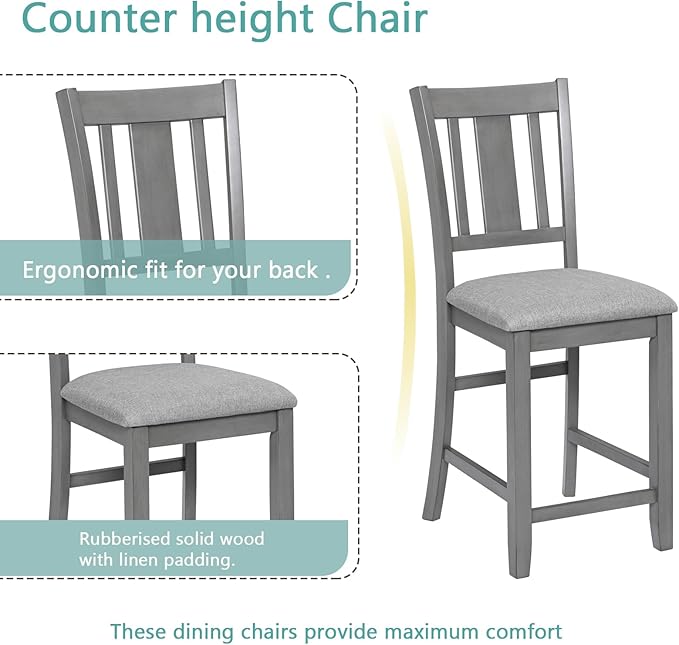 KEIKI 5-Piece Counter Height Dining Table Set with Square Table and 4 Upholstered Slatted Backrset Chair, for 4 Person, Modern Style Wooden Table Set, Easy Assembly, for Kitchen, Dining Room, Gray
