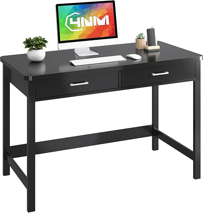 4NM 39.4" Small Desk with Wood Drawers, Home Office Computer Desk with Wooden Legs, Study Writing Table Vanity Desk for Small Spaces - Black