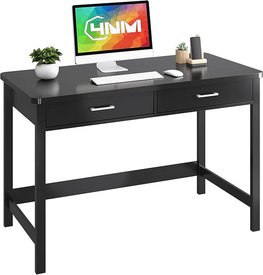 4NM 39.4" Small Desk with Wood Drawers, Home Office Computer Desk with Wooden Legs, Study Writing Table Vanity Desk for Small Spaces - Black