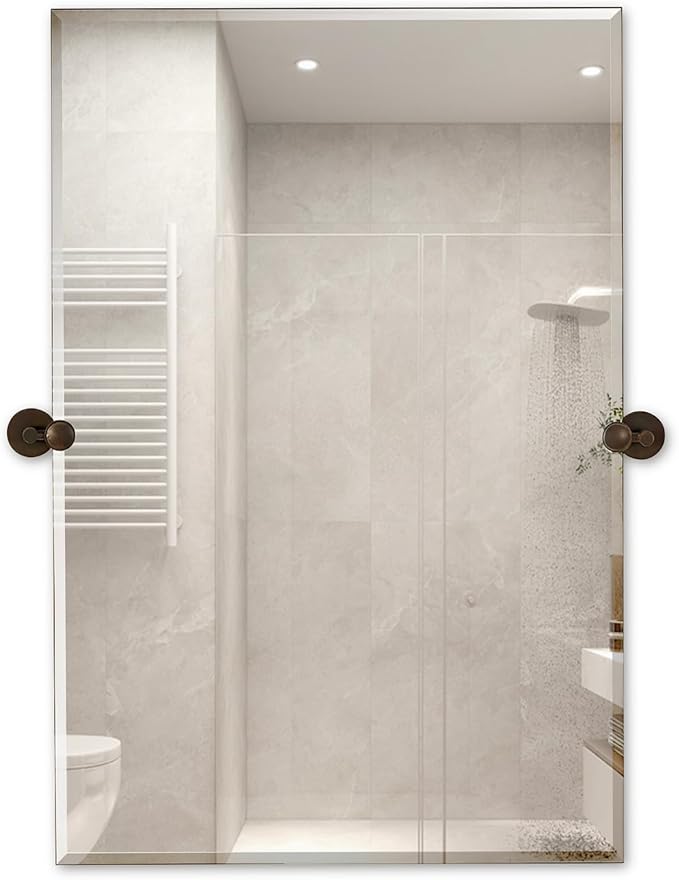 Hamilton Hills 24x36 inch Frameless Pivot Mirrors for Bathrooms with Oil Rubbed Bronze Rounded Wall Brackets | Rectangular Tilting & Farmhouse Wall-Mounted Vanity | Hangs Horizontally and Vertically