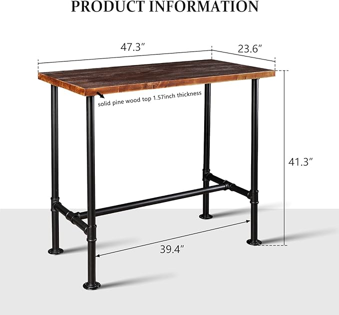 Diwhy DIY Industrial Design Pipe Dining Table Casual Pub BAR Laptop Table Modern Studio Wood and Metal Rectangular Dining Table homeoffice Desk Breakfast high bar Table Brown Desktop 47.3" × 23.6"