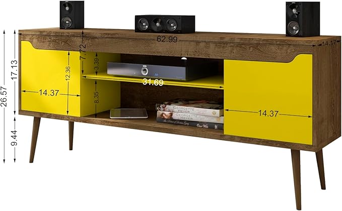 Manhattan Comfort Bradley Mid Century Modern TV Stand for Televisions up to 60 Inches, Living Room Entertainment Center with Storage, Media Shelves and Soft Close Doors, Rustic Brown/Yellow