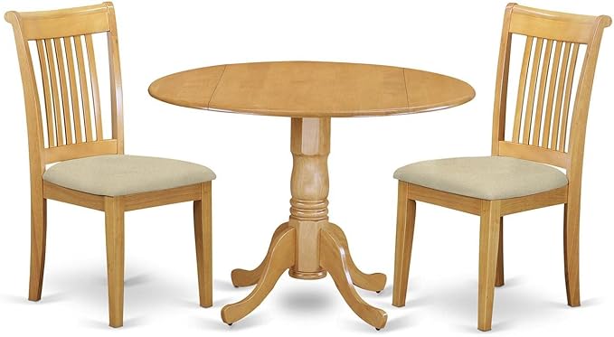 East West Furniture DLPO3-OAK-C 3 Piece Dining Set Contains a Round Dining Table with Dropleaf and 2 Linen Fabric Kitchen Room Chairs, 42x42 Inch, Oak