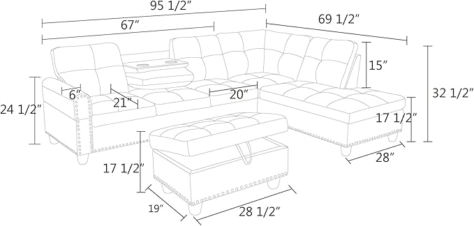 L Shaped Sectional Sofa with Ottoman, Nail-Head Design Linen Right Facing Modern Couches with Cup Holder for Living Room, Bedroom, Office, Purple