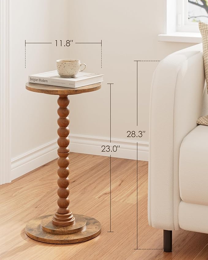 Masupu Round Side Table, Small Drink Table for Small Spaces, Pedestal End Table with Solid Wood Leg for Living Room, Bedroom, Corners(Rustic Brown)