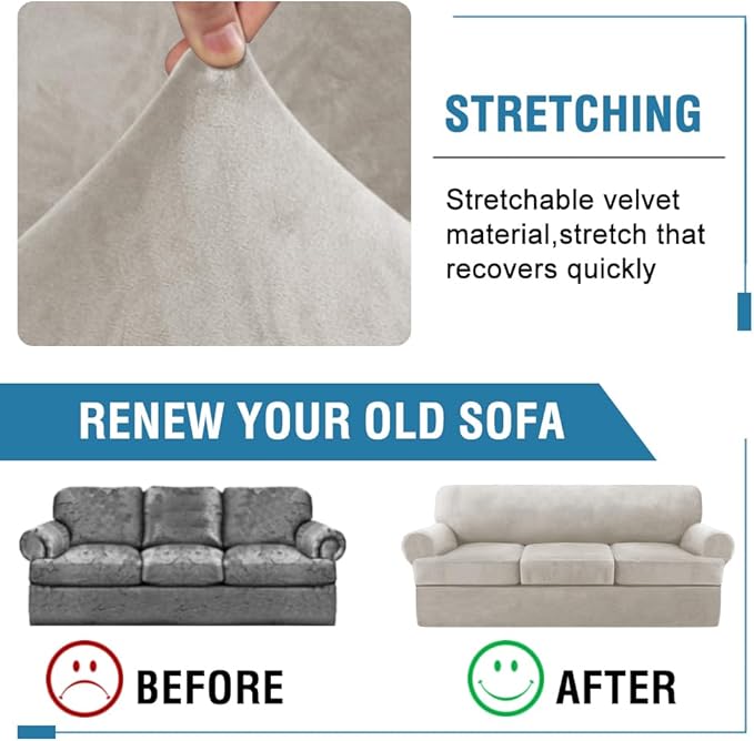 H.VERSAILTEX Sofa Cover 4 Piece T Cushion Sofa Slipcovers Thick Velvet Couch Cover Stretch T Cushion Sofa Covers for 3 Cushion Couch with 3 Individual T Cushion Covers Washable, Oatmeal