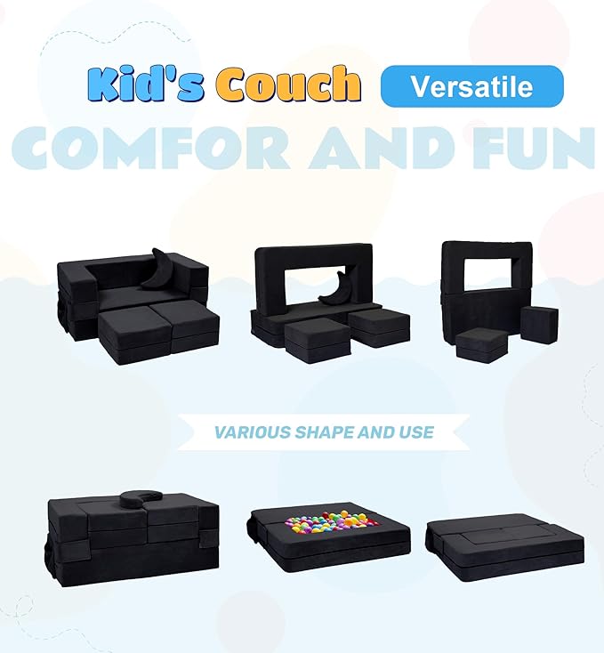 Modular Kids Sofa,Toddler Couch Foam Armchair for Kids, Children Convertible Plush Sofa Play Set,Fold Out SofaBed(Black)