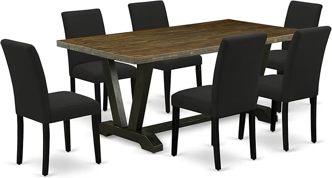 East West Furniture V677AB624-7 7 Piece Dinette Set Consist of a Rectangle Dining Room Table with V-Legs and 6 Black Color Linen Fabric Upholstered Chairs, 40x72 Inch, Multi-Color