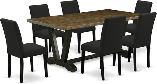 East West Furniture V677AB624-7 7 Piece Dinette Set Consist of a Rectangle Dining Room Table with V-Legs and 6 Black Color Linen Fabric Upholstered Chairs, 40x72 Inch, Multi-Color