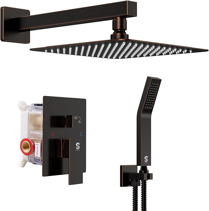 SR SUN RISE Oil Rubbed Bronze Shower System 12 Inches Brass Bathroom Luxury Rain Mixer Shower Combo Set Wall Mounted Rainfall Shower Head System Shower Faucet Rough-in Valve Body and Trim Included