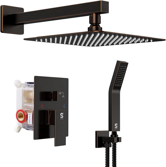 SR SUN RISE Oil Rubbed Bronze Shower System 12 Inches Brass Bathroom Luxury Rain Mixer Shower Combo Set Wall Mounted Rainfall Shower Head System Shower Faucet Rough-in Valve Body and Trim Included
