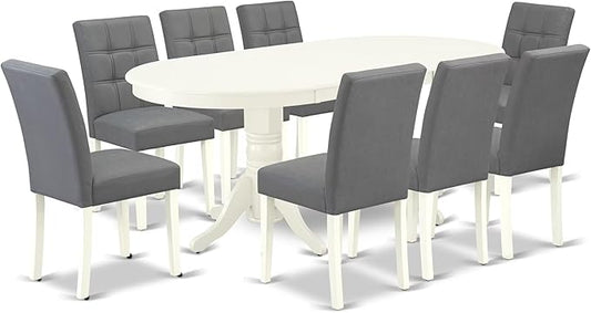 East West Furniture VAAS9-LWH-41 9 Piece Modern Dining Table Set Includes A Dining Table and 8 Platinum Gray Polyester Fabric Parson Dining Chairs with Stylish Back- Linen White Finish