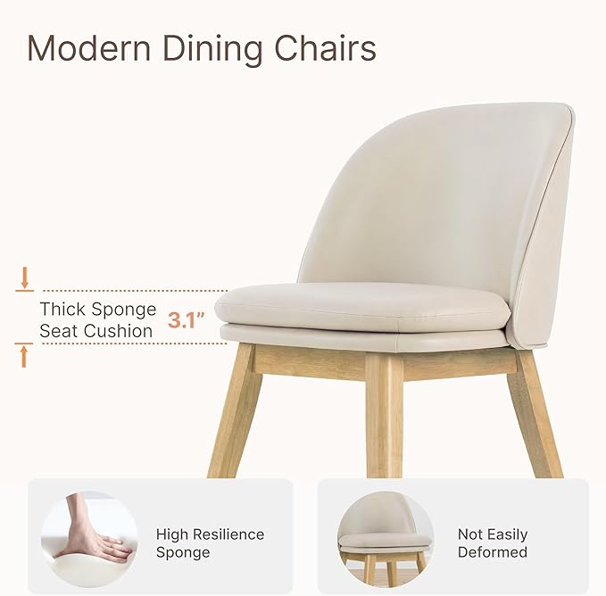 Wooden Dining Chairs Set of 2, Faux Leather Upholstered Modern Dining Room Chairs with Double-Layer Thick Seat Cushion & Ergonomic Backrest for Restaurant, Kitchen and Café, Beige