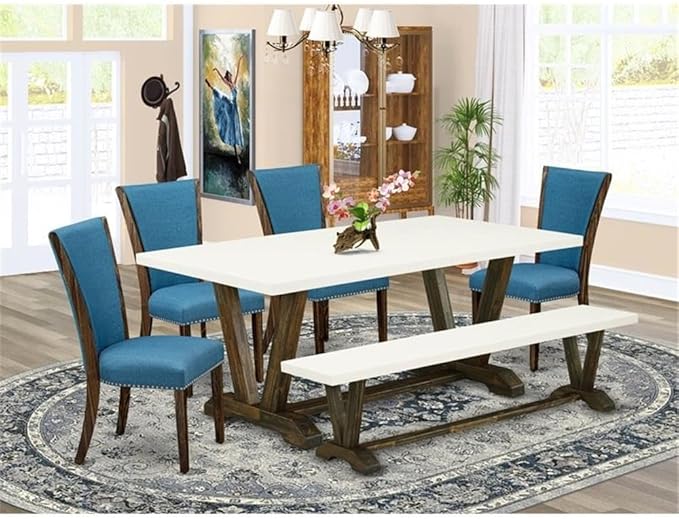 East West Furniture V727VE721-6 6 Piece Dining Table Set Contains a Rectangle Dining Room Table with V-Legs and 4 Blue Color Linen Fabric Parson Chairs with a Bench, 40x72 Inch, Multi-Color