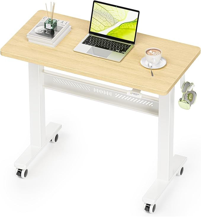 Mobile Walking Pad Desk with Wheels, Pneumatic Small Rolling Standing Desk Riser Height Adjustable (28-43.7") for Treadmill, Portable Computer Table for Home Office, Oak