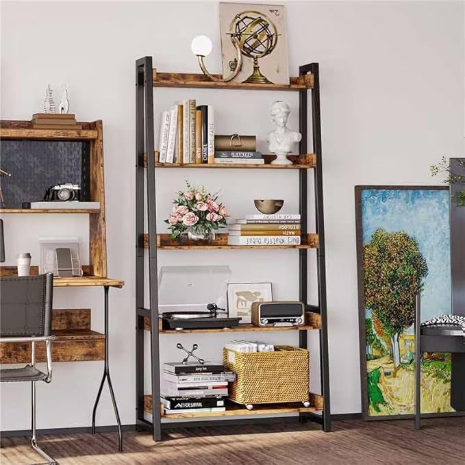 IRONCK Industrial Bookshelf 5-Tier 31.5 in Wide, Bookcase Ladder Shelf, Storage Shelves Rack Shelf Unit, Accent Furniture Metal Frame, Home Office Furniture for Bathroom, Living Room