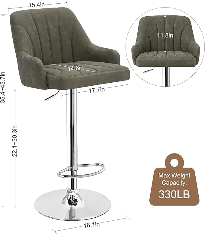 VECELO Bar Stools Set of 2, Adjustable Barstools, Counter Height Stools with Back and Arm, Kitchen Island Stools, Swivel PU Leather Chairs for Pub, Dining Room, Modern Style, Dark Grey