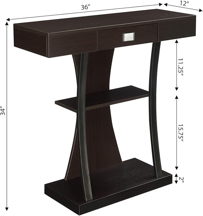 Convenience Concepts Newport Harri Console Table 36" - Modern Sofa Table with Storage Shelves, One Drawer Narrow Entryway Hall Table for Living Room, Espresso