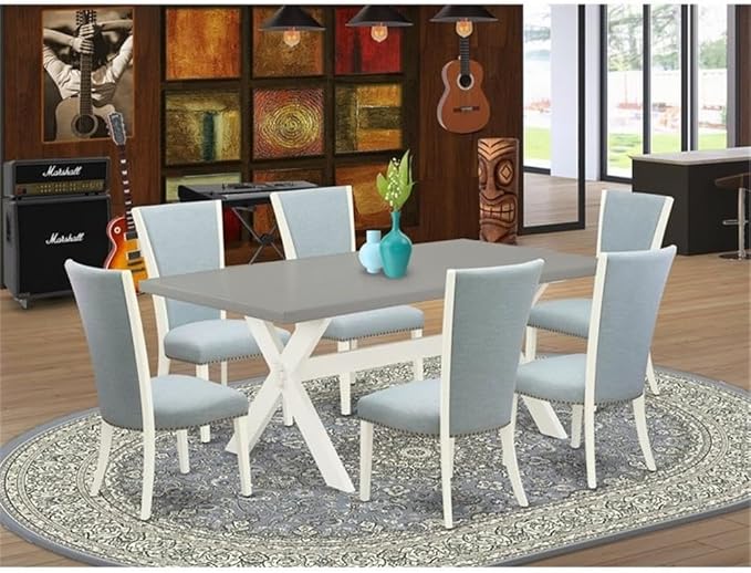 East West Furniture X097VE215-7 7 Piece Dining Table Set Consist of a Rectangle Dining Room Table with X-Legs and 6 Baby Blue Linen Fabric Upholstered Chairs, 40x72 Inch, Multi-Color