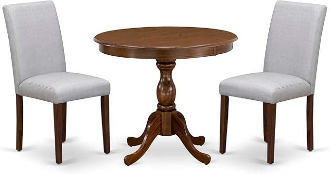 East West Furniture AMAB3-AWA-05 3 Piece Kitchen Table Set for Small Spaces Contains a Round Dining Room Table with Pedestal and 2 Grey Linen Fabric Parsons Chairs, 36x36 Inch, Walnut