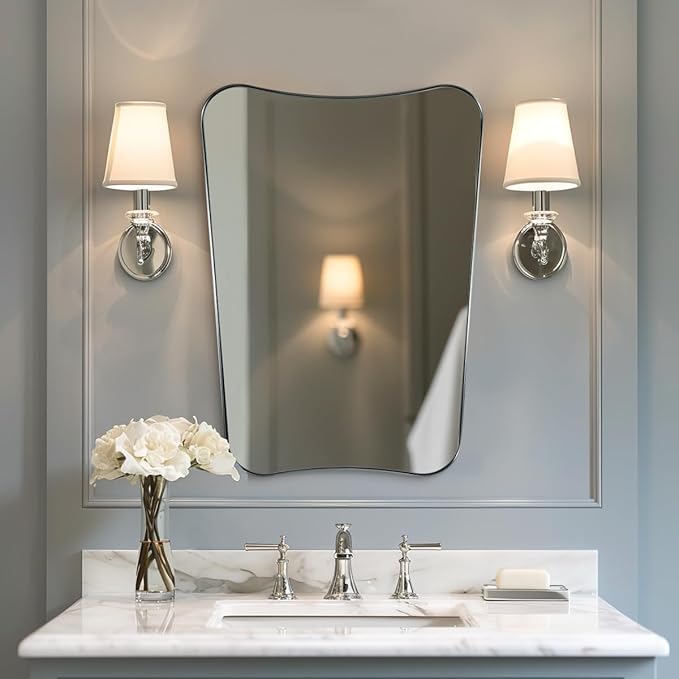 ANDY STAR Chrome Mirror for Bathroom, 22x30 Inch Asymmetrical Mirror, Polished Chrome Bathroom Vanity Mirror with Rust-Proof Stainless Steel 1’’ Frame, Unique Shape for Home Remodel